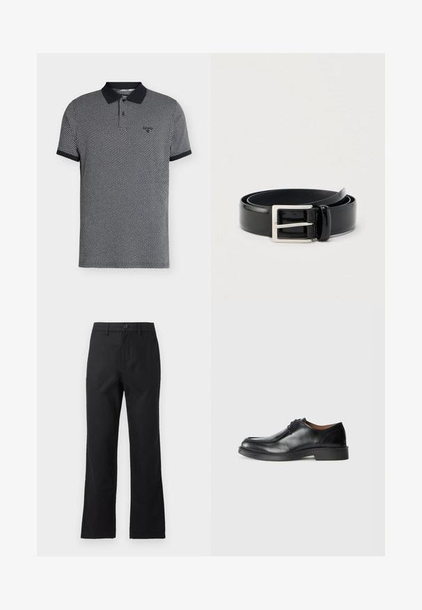 Polo homme manches courtes avec col et poignets noirs, avec un petit motif géométrique et un logo brodé discret sur la poitrine.; Pantalon noir droit avec passants pour ceinture, fermeture par boutons et poches avant, présenté sur un fond gris uni.; Chaussure de ville en cuir noir avec un bout arrondi, surface lisse, détails en dentelle et une semelle en caoutchouc texturée basse. Lignes épurées et design minimal.; Ceinture en cuir noir brillant enroulée avec une boucle métallique rectangulaire argentée sur un fond clair uni.