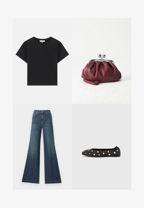 T-shirt noir cropped en coton, avec un col rond, des manches courtes et un design simple sans motifs ni embellissements.; Jean foncé évasé à taille haute, en denim, avec fermeture à boutons et couture contrastée le long des coutures.; Chaussure ballerine noire à bride élastique à l'arrière, ornée de gros clous ronds argentés dispersés sur le dessus, vue de profil sur fond blanc.; Petit sac pochette en cuir bordeaux avec fermoir métallique argenté et bracelet sur fond blanc.