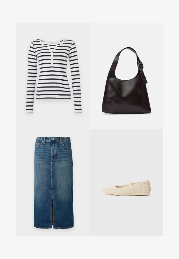 Lang-geverfde, gestreepte T-shirt in wit en marineblauw. Geribbeld textuur met een ronde halslijn en een knoopsluiting met vier knopen aan de voorkant.; Donkerblauwe denim midi-jurk met een frontslit, vijf zakken en contrasterende stiksels. Voorzien van een knoop- en ritsluiting bij de taille.; Beige ballerina's met een gladde leren buitenkant, amandelvormige punt en elastische band over de wreef, met subtiele stiksels.; Bruine lederen schoudertas met een gladde textuur, ronde vorm, brede strap en een cirkelvormig metallic accent op de handgreep.