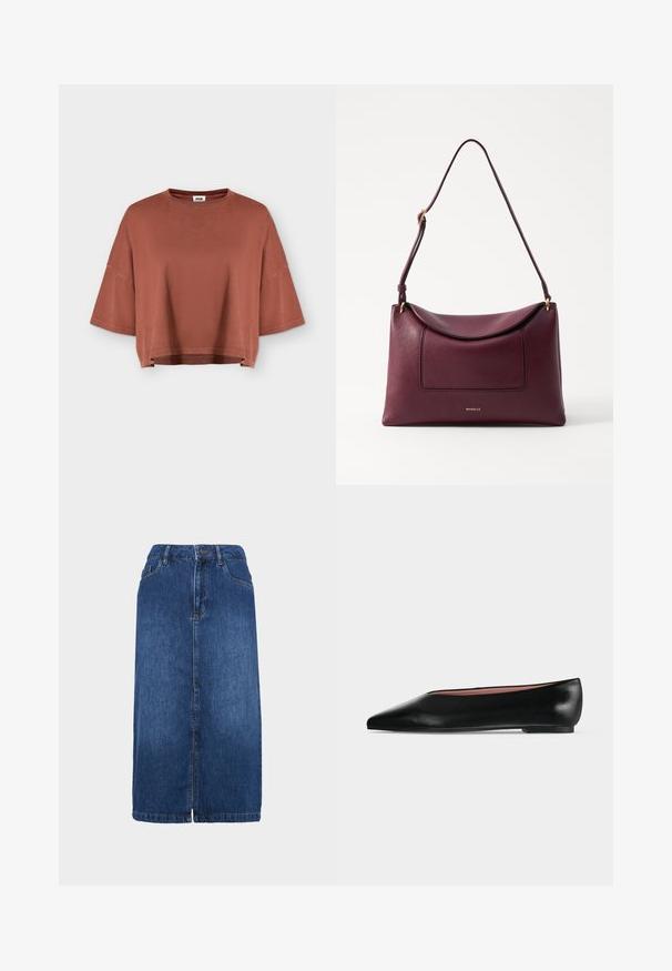 T-shirt court de couleur rouille avec larges manches courtes et col rond, présenté sur un fond plat gris clair.; Jupe en denim bleu foncé avec une coupe droite, de longueur mi-longue, fermeture à boutons à l'avant et détails de coutures subtils. L'ourlet est légèrement effiloché.; Chaussure plate en cuir noir pour femme, avec bout pointu et petit talon, vue de côté sur un fond gris clair uni.; Sac à main en cuir bordeaux avec un rabat courbé, une poche avant et un logo doré. Il dispose d'une bandoulière unique pour un transport facile.