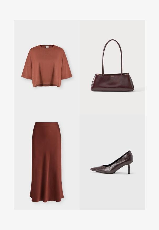 T-shirt court de couleur rouille avec larges manches courtes et col rond, présenté sur un fond plat gris clair.; Jupe longue en satin marron avec un ourlet lisse et légèrement évasé, présentée sur un fond blanc uni. Aucun motif ni ornement visible.; Escarpins à bout pointu en similicuir marron avec une texture crocodile, dotés d’un talon fin et angulaire ainsi que d’une doublure intérieure lisse.; Sac à main rectangulaire en cuir marron foncé avec longues lanières fines et fermeture éclair dorée, marqué ALDO au centre devant.