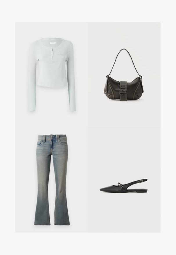 Lichtgroene geribde lange mouw top met een ronde halslijn, knoopsluiting en een subtiele geëtste logo op de borst. Zachte textuur.; Lichtblauwe flared jeans van denim. Bevat twee voorkruiken, een knoopsluiting en subtiele vervaging over de stof.; Zwarte leren slingback schoenen met een spitse neus, voorzien van een smalle band en een zilveren gesp aan de zijkant. Platte zool.; Zwarte leren schoudertas met gespsluiting aan de riem, afgeronde hoeken en contrasterende witte stiksels op een effen achtergrond.