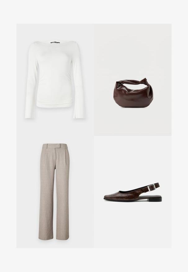 Top blanco de manga larga hecho de una tela suave con un silueta ajustada, que cuenta con un amplio escote barco y un sutil fruncido en la cintura.; Pantalones beige a medida de una tela texturizada, con un diseño de pierna recta y plisados en la parte delantera. Sin hardware ni patrones visibles.; Zapato plano de piel marrón oscuro con tira trasera, punta cuadrada, textura de cocodrilo y hebilla plateada en la correa.; Bolso de hombro de cuero marrón oscuro con una forma suave y caída, y un asa con nudo torcido sobre un fondo blanco liso.