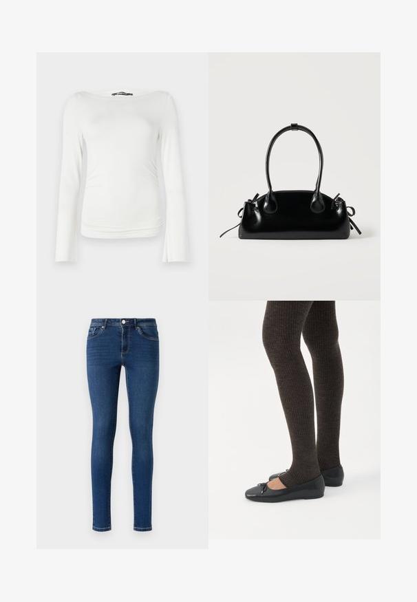 Top blanco de manga larga hecho de una tela suave con un silueta ajustada, que cuenta con un amplio escote barco y un sutil fruncido en la cintura.; Jeans de denim ajustados en azul oscuro. Cuentan con un diseño clásico de cinco bolsillos, cierre de botón metálico y costuras sutiles a lo largo de las costuras.; Piernas con leggings oscuros acanalados combinados con bailarinas negras que presentan pequeños detalles de lazo sobre un fondo blanco.; Pequeño bolso negro brillante con dos asas largas y detalles de cordón lateral sobre un fondo claro liso.