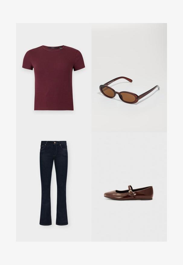 Crop top à manches courtes en maille côtelée col rond couleur bordeaux avec silhouette ajustée.; Jean en denim bleu foncé avec une taille mi-haute, un bouton sur le devant et un léger évasement en bas sur un fond uni.; Ballerine en cuir verni marron avec un bout carré et une lanière ornée d'une petite boucle dorée. Texture lisse, talon bas et design minimaliste.; Lunettes de soleil rondes teinte brun avec une monture bordeaux brillante. Branches fines avec un détail de marque subtil. Design de verres plats.