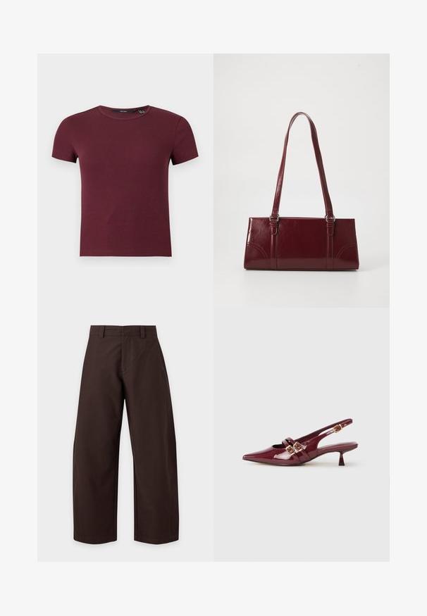 Crop top à manches courtes en maille côtelée col rond couleur bordeaux avec silhouette ajustée.; Pantalon large marron foncé avec passants de ceinture et détails de couture avant, présenté sur un fond clair uni.; Chaussure slingback en cuir verni bordeaux avec un bout pointu, deux brides plates avec des boucles dorées, et un petit talon.; Sac à main bordeaux en matériau brillant, de forme rectangulaire, avec deux anses et des accents légèrement courbés à l'avant.