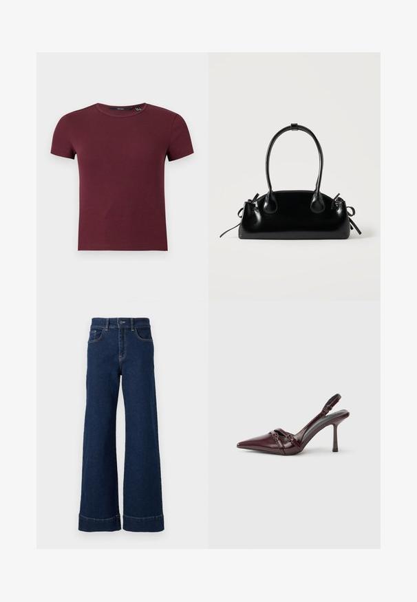 Crop top à manches courtes en maille côtelée col rond couleur bordeaux avec silhouette ajustée.; Jean en denim bleu foncé à coupe large. Présente un design classique à cinq poches, une fermeture à bouton et des détails de ourlet replié.; Escarpin slingback en cuir verni bordeaux avec bout pointu, fine bride à la cheville et petit détail décoratif de boucle. Texture lisse et talon haut.; Petit sac à main noir brillant avec deux longues anses et des détails à cordon sur les côtés sur un fond clair uni.