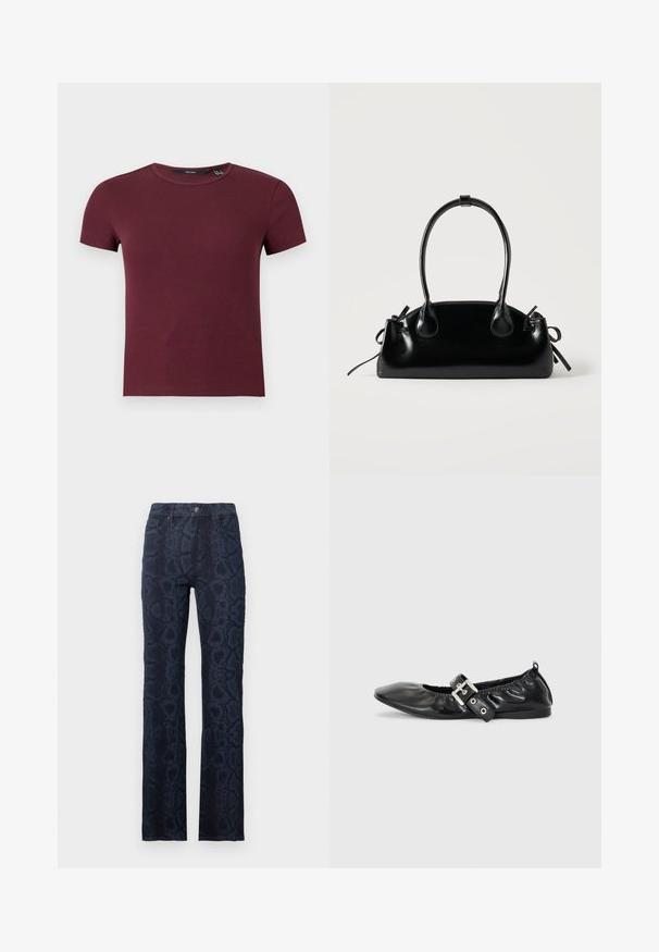 Crop top à manches courtes en maille côtelée col rond couleur bordeaux avec silhouette ajustée.; Jean bleu foncé avec un motif texturé en peau de serpent, coupe droite, design à cinq poches et fermeture à bouton à l'avant.; Chaussure plate en cuir noir avec un nez pointu, des détails froncés autour de l'ouverture et un accent en boucle argentée sur la bride ajustable.; Petit sac à main noir brillant avec deux longues anses et des détails à cordon sur les côtés sur un fond clair uni.
