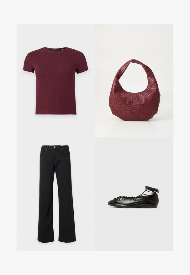 Crop top à manches courtes en maille côtelée col rond couleur bordeaux avec silhouette ajustée.; Jean noir taille haute avec jambes droites et larges, poches avant, passants de ceinture et fermeture par bouton métallique sur fond blanc.; Ballerines en cuir verni noir avec un bout rond, un design à lacets et une semelle plate. Texture lisse avec peu de détails.; Sac à main tissé bordeaux avec une silhouette arrondie, une seule poignée et une finition texturée. Fermeture zippée en haut.