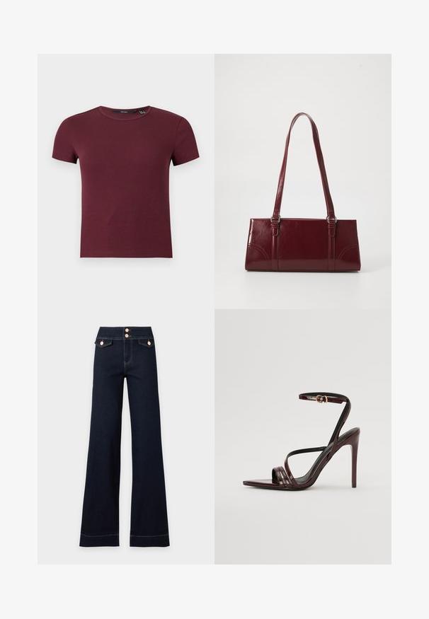 Crop top à manches courtes en maille côtelée col rond couleur bordeaux avec silhouette ajustée.; Jean large taille haute bleu foncé avec deux poches avant à rabat et deux boutons visibles en or rose à la taille.; Sandale à talons hauts en cuir verni bourgogne avec une bride de cheville, bout pointu et trois bandes horizontales sur le pied. Détail de boucle dorée.; Sac à main bordeaux en matériau brillant, de forme rectangulaire, avec deux anses et des accents légèrement courbés à l'avant.