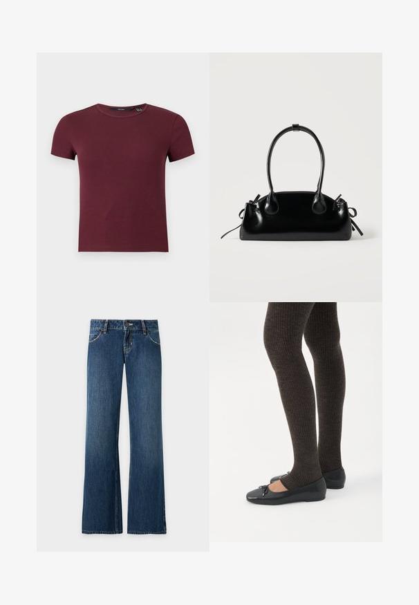 Crop top à manches courtes en maille côtelée col rond couleur bordeaux avec silhouette ajustée.; Jean denim bleu coupe droite avec poches avant, passants de ceinture, fermeture par bouton et coutures visibles sur un fond clair uni.; Jambes portant des leggings côtelés foncés associés à des ballerines noires avec de petits détails en nœud sur fond blanc.; Petit sac à main noir brillant avec deux longues anses et des détails à cordon sur les côtés sur un fond clair uni.