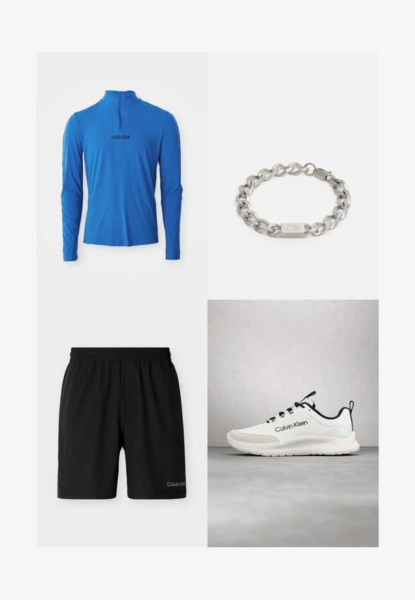 Langærmet trøje med kvart lynlås i lys blå, med en glat tekstur og det trykte mærkenavn "CALVIN KLEIN" i sort på fronten.; Sorte elastiske shorts med sidelommer, knælang længde, med lille Calvin Klein-logo på det nederste venstre ben.; Hvid og sort Calvin Klein-sneaker med sorte snørebånd, der svæver over et gråt gulv nær glasblokvinduer.; Sølv metal kædearmbånd med sammenflettede led og en rektangulær lås med et indgraveret "CK" logo. Glat overflade hele vejen igennem.