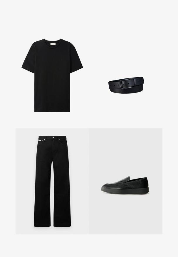 Sort t-shirt med korte ærmer og rund hals med subtil Calvin Klein Jeans-logo på brystet og en label indeni halsåbningen.; Sorte denimbukser med bred ben-design, der har fem lommer og metallisk knapdetalje. Glat tekstur, uden synlige mønstre.; Calvin Klein HYBRID CUP - Loafers - triple black; Sort læderbælte med en tekstureret overflade og et rektangulært sort metalspænde, rullet sammen mod en hvid baggrund.
