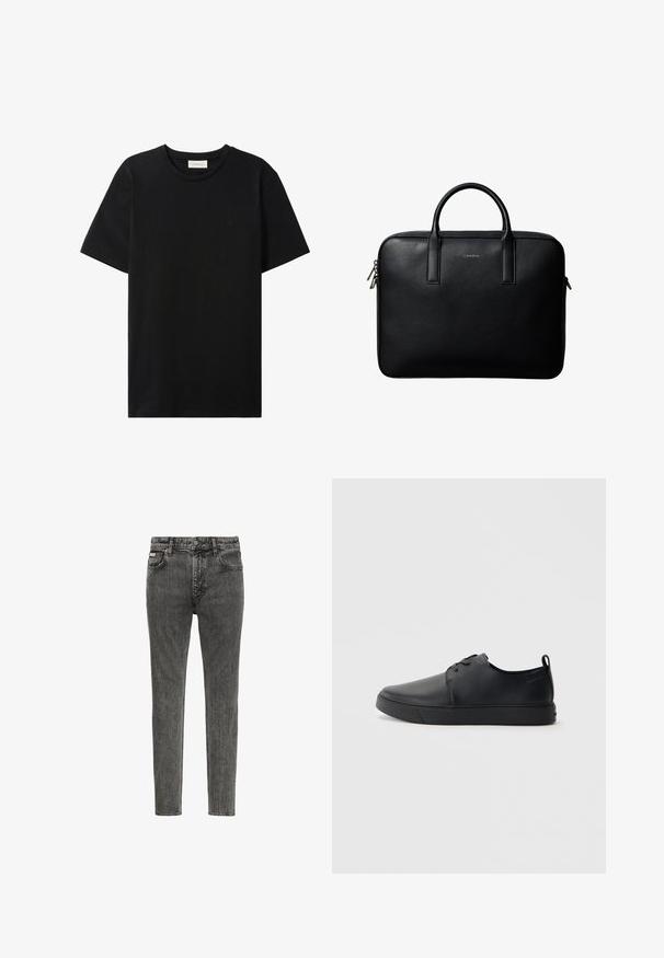 Sort t-shirt med korte ærmer og rund hals med subtil Calvin Klein Jeans-logo på brystet og en label indeni halsåbningen.; Slim-fit, falmet sort denim jeans med fem lommer, bæltestropper og knaplukning ved taljen, vist forfra på en hvid baggrund.; Sorte lædersneakers med en glat finish, rund tå, tonalt syning, snøring foran og en flad gummisål. Løkke ved hælen.; Sort tekstureret lædermappe med dobbelte håndtag og sølv lynlås, centreret på hvid baggrund.