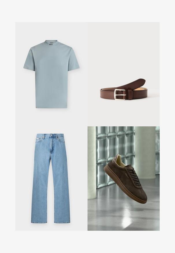 T-shirt bleu clair à manches courtes avec un col montant côtelé et le logo "BOSS" imprimé à l'intérieur de l'encolure.; Jean en denim bleu clair coupe droite à cinq poches avec fermeture à boutons à la taille, présenté sur un fond uni.; Baskets GANT marron avec lacets et semelle texturée, présentées en suspension devant un mur moderne en blocs de verre et un sol poli.; Ceinture en cuir marron avec boucle rectangulaire argentée enroulée sur un fond gris clair, montrant une couture détaillée le long des bords.