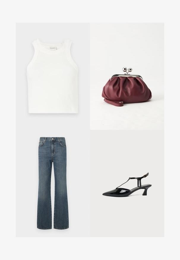 Débardeur blanc à côtes avec des bretelles larges et une silhouette ajustée. Présente un petit logo en relief près de l'ourlet.; Jeans en denim bleu foncé avec taille haute, jambes évasées et cinq poches. Dispose d'une fermeture par bouton et zip à l'avant. Texture lisse.; Chaussure slingback en cuir verni noir à bout pointu avec bride en T et petit talon bloc incliné sur fond blanc.; Petit sac pochette en cuir bordeaux avec fermoir métallique argenté et bracelet sur fond blanc.
