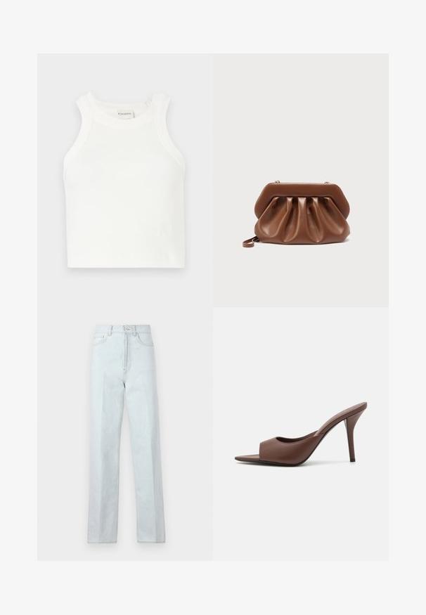 Hvid ribbet tanktop med brede skulderstropper og en tætsiddende silhuet. Har et lille præget logo nær kanten.; Lysblå denim jeans med bred benpasform og høj talje, der har en frontlynlås, knaplukning og klassisk fem-lommemodel.; Brune læder open-toe højhælede mules med et slankt design, der har en bred frontrem og en slank stiletto-hæl.; Brun læderclutch med samlet design og struktureret topramme, der har en lille håndledsrem og detalje i guldfarvet lukning.