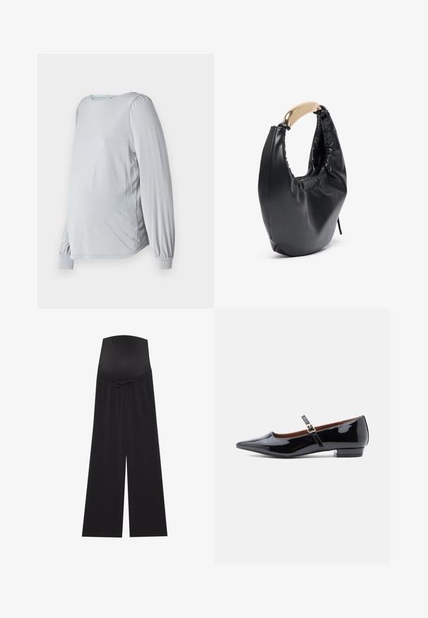 Top de manga larga color gris claro con escote redondeado, mangas abullonadas y un corte holgado, diseñado para brindar comodidad durante el embarazo.; Pantalones de maternidad negros con una cintura ancha y elástica y un acento de lazo. Fabricados con una tela suave, presentan un diseño holgado y de pierna ancha.; Zapato plano Mary Jane de charol negro con punta afilada y tacón bajo, con una correa ajustable y hebilla dorada.; Bolso de mano de imitación cuero negro con una silueta curva. Presenta un asa de tono dorado brillante y una textura fruncida a lo largo de la apertura superior.