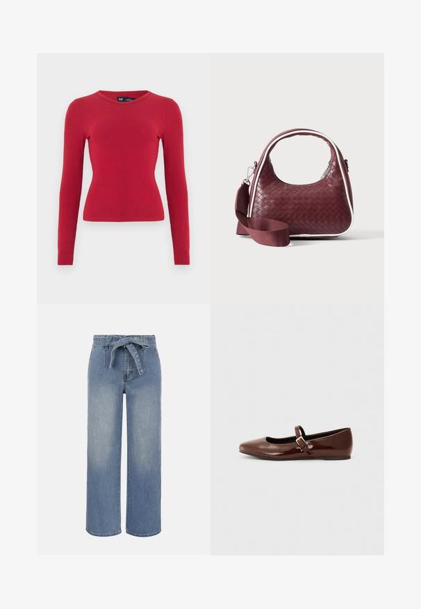 Top rouge à manches longues côtelé avec un col arrondi. Confectionné dans un tissu doux, silhouette ajustée et détails subtils de texture. Étiquette de la marque visible.; Jean taille haute à jambes larges bleu clair avec ceinture en tissu nouée et poches avant, présentant un effet délavé légèrement estompé.; Ballerine en cuir verni marron avec un bout carré et une lanière ornée d'une petite boucle dorée. Texture lisse, talon bas et design minimaliste.; Sac à main en cuir tressé marron foncé avec poignée courbée, garniture blanche, fermeture éclair argentée et bandoulière large en tissu amovible sur fond uni.