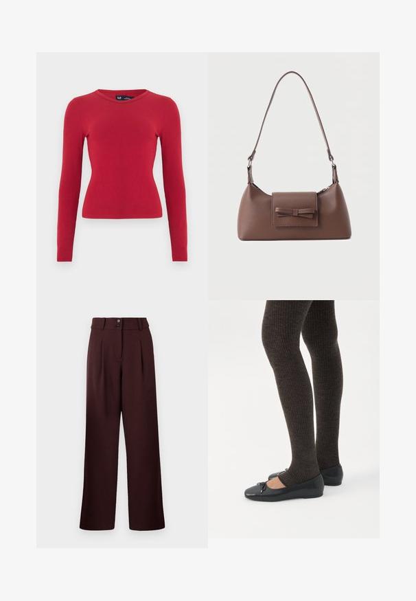 Top rouge à manches longues côtelé avec un col arrondi. Confectionné dans un tissu doux, silhouette ajustée et détails subtils de texture. Étiquette de la marque visible.; Pantalons évasés en bordeaux foncé, avec une taille haute, deux plis à l'avant et une fermeture à deux boutons. Fabriqués en tissu texturé.; Jambes portant des leggings côtelés foncés associés à des ballerines noires avec de petits détails en nœud sur fond blanc.; Sac à bandoulière en cuir marron avec une poche à rabat avant ornée d'un détail en forme de nœud cousu et une sangle réglable.
