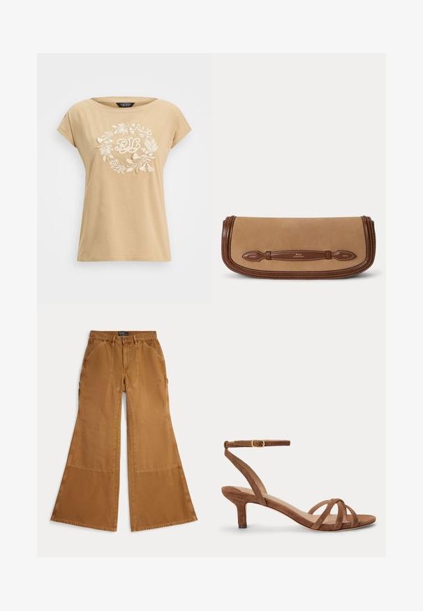 Beige katoenen t-shirt met een relaxte pasvorm, voorzien van een wit geborduurd bloemenkrans ontwerp en de initialen "RLC" in het midden.; Bruine wijde pantalon van katoen met siernaden, sluiting met knopen en schuine zakken aan de voorkant. Soepele textuur, casual ontwerp.; Bruine suède sandaal met lage hak met dunne gekruiste bandjes over de tenen en een verstelbare enkelband met goudkleurige gesp.; Beige stoffen clutch met bruine leren bies en handvat met het merk Polo by Ralph Lauren erin geperst.