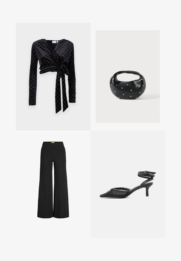 Čierny obalový top vyrobený z sametu s dlhými rukávmi, s diamantovým vzorom v striebre, zakončený uzlovým detailom na páse.; Čierne nohavice s širokými nohavicami, s vysokým pásom a vertikálnymi švami vpredu.; Čierna lodička na nízkom podpätku s špicatou špičkou, čipkovaným zvrškom, vrúbkovaným okrajom a opaskom okolo členka so zapínaním na pracku.; Čierna kožená kabelka s zaobleným tvarom, zdobená striebornými cvočkami a krátkym rúčkou. Hladká textúra a zapínanie na zips.
