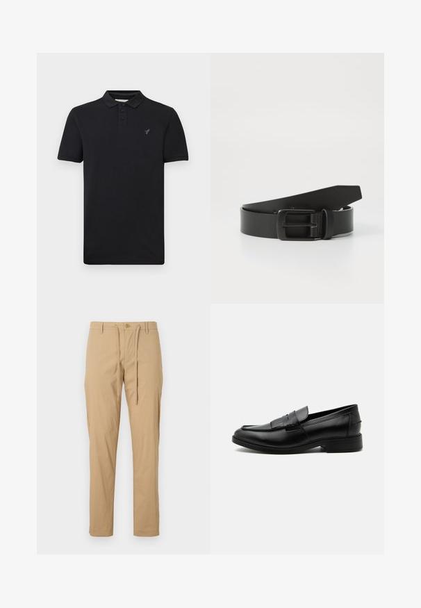 Polo noir à manches courtes avec trois boutons, col et petit logo brodé sur le côté gauche de la poitrine, présenté sur un fond uni.; Pantalons en coton beige clair avec une taille à cordon de serrage, coupe fuselée, poches standard et fermeture à bouton à l'avant. Texture lisse.; Mocassin homme en cuir noir avec détail pompon, bout arrondi, talon bas et finition polie lisse, montré de profil sur fond blanc.; Ceinture en cuir noir avec une boucle en métal noir mat, présentant une texture lisse et un design simple. Longueur réglable avec une extrémité effilée.