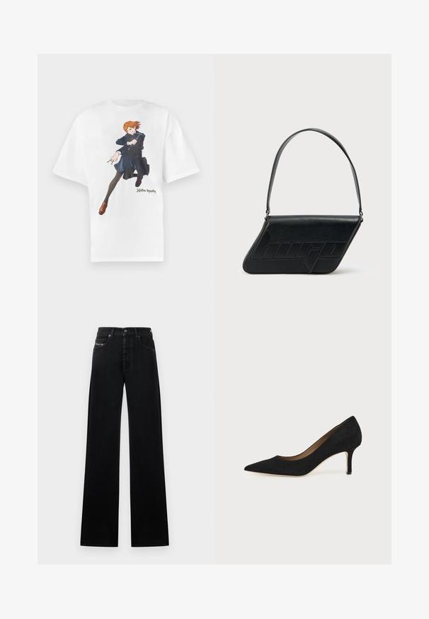 T-shirt en coton blanc présentant un motif graphique d'un personnage aux cheveux orange, portant un manteau bleu et des leggings noirs. Texte "Jujutsu Kaisen" inclus.; Jean noir à jambes larges en denim, avec une fermeture frontale à boutons, cinq poches, et un petit patch logo sur la ceinture.; Escarpin en daim noir à bout pointu avec un talon stiletto fin de hauteur moyenne et un design à coupe basse sur un fond uni.; Sac d'épaule en cuir noir de forme triangulaire, avec un logo embossé et une seule bandoulière réglable. Design minimaliste avec une texture lisse.