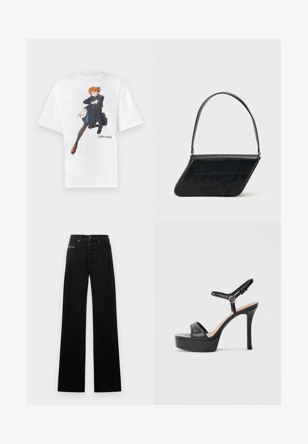 T-shirt en coton blanc présentant un motif graphique d'un personnage aux cheveux orange, portant un manteau bleu et des leggings noirs. Texte "Jujutsu Kaisen" inclus.; Jean noir à jambes larges en denim, avec une fermeture frontale à boutons, cinq poches, et un petit patch logo sur la ceinture.; Sandales à plateforme noires avec un talon haut stilettos, dotées d'une tige en cuir lisse, d'un bout ouvert et d'une bride de cheville ajustable avec ferrures.; Sac d'épaule en cuir noir de forme triangulaire, avec un logo embossé et une seule bandoulière réglable. Design minimaliste avec une texture lisse.