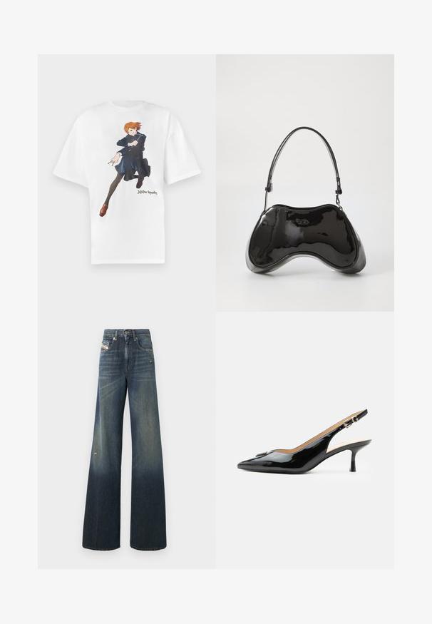 T-shirt en coton blanc présentant un motif graphique d'un personnage aux cheveux orange, portant un manteau bleu et des leggings noirs. Texte "Jujutsu Kaisen" inclus.; Jean en denim à jambes larges de couleur bleu foncé avec une finition délavée, présentant un genou usé et un design classique à cinq poches avec une étiquette.; Escarpin slingback en cuir verni noir avec bout pointu, petit talon kitten et bride à boucle argentée sur fond blanc uni.; Sac à main en cuir verni noir avec une forme incurvée unique, une anse courte et ajustable, et une fermeture zippée. Texture lisse avec un branding discret.
