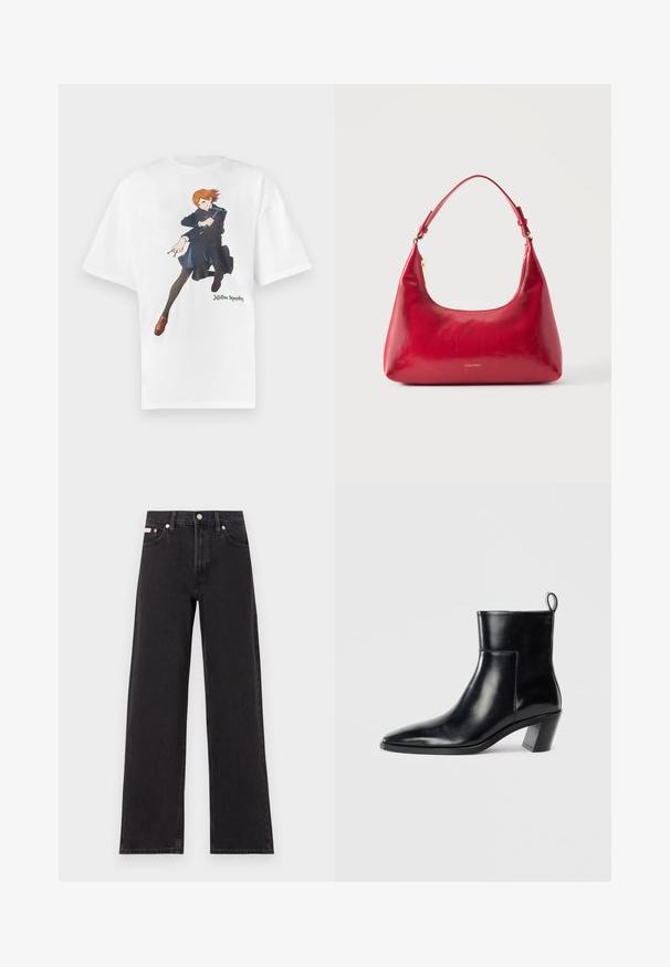 T-shirt en coton blanc présentant un motif graphique d'un personnage aux cheveux orange, portant un manteau bleu et des leggings noirs. Texte "Jujutsu Kaisen" inclus.; Jeans noirs à jambes larges en denim, avec une taille haute, une coupe à cinq poches et une fermeture à bouton en métal avec des coutures contrastantes.; Bottine en cuir noir avec un bout pointu, un talon empilé géométrique et une languette à l'arrière. Texture lisse et design épuré.; Sac à épaule en cuir rouge avec fermeture éclair dorée et sangle réglable, logo Calvin Klein centré à l'avant.