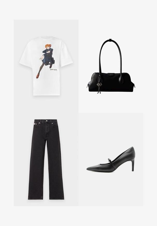T-shirt en coton blanc présentant un motif graphique d'un personnage aux cheveux orange, portant un manteau bleu et des leggings noirs. Texte "Jujutsu Kaisen" inclus.; Jeans noirs à jambes larges en denim, avec une taille haute, une coupe à cinq poches et une fermeture à bouton en métal avec des coutures contrastantes.; Escarpin noir en cuir à bout pointu avec une fine bride et une boucle sur le cou-de-pied, posé sur un fond clair neutre.; Sac à main en cuir noir Calvin Klein avec de longues anses, une étiquette logo à l'avant et un charme géométrique argenté suspendu à une anse.