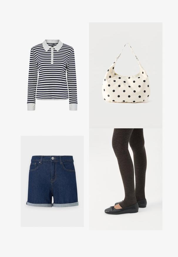 Polo à manches longues rayé en bleu marine et blanc, avec un col blanc contrastant, une patte de boutonnage et une texture côtelée.; Short en denim bleu foncé avec ourlets pliés, fermeture à boutons et zip à l'avant, et poches avant sur fond uni.; Jambes portant des leggings côtelés foncés associés à des ballerines noires avec de petits détails en nœud sur fond blanc.; Sac à main en tissu crème avec des pois noirs et une seule bandoulière, présenté sur un fond blanc uni.