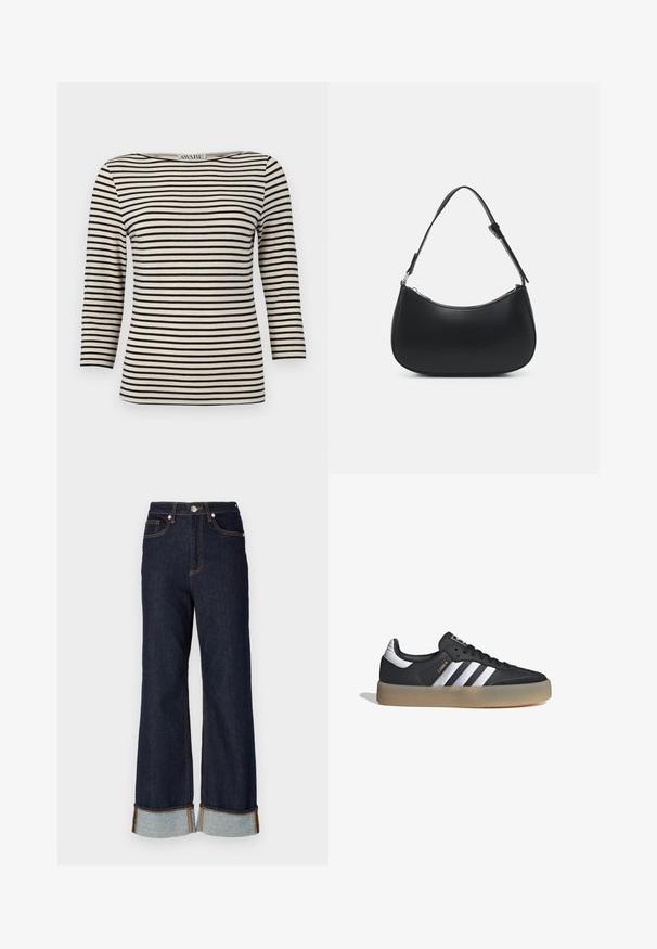 Top a rayas negro y crema, de manga larga y escote barco. La tela tiene una textura suave y un patrón uniforme. Diseño casual con un corte relajado.; Jeans de mezclilla oscura de pierna ancha con dobladillo sin terminar, costuras naranjas en contraste y dos bolsillos delanteros; los puños enrollados revelan mezclilla más clara debajo.; Zapatilla deportiva de cuero negro con tres rayas plateadas, punta texturizada y suela de goma. Cuenta con un collar acolchado y un diseño con cordones.; Pieces PCALUANA SHOULDER BAG - Bolso de mano - black