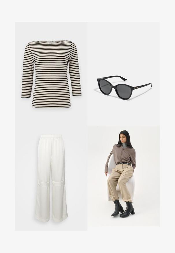 Sort og creme stribet langærmet top med bådudskæring. Stoffet har en glat tekstur og ensartet mønster. Casual design med en afslappet pasform.; Bredde bukser i blødt, cremefarvet stof med elastisk talje, der har en subtil glans og foldede mansjetter ved sømmene.; Kvinde med langt sort hår, der læner sig op ad en hvid buet stol iført en taupe bluse, beige bukser, sort bælte og sorte ankelstøvler med hæl.; Polaroid Solbriller - black