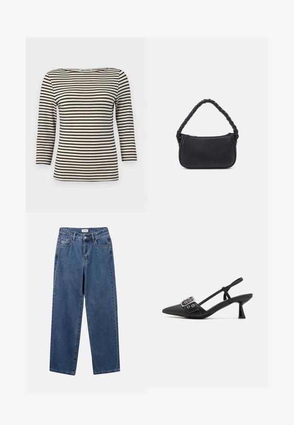 Top a rayas negro y crema, de manga larga y escote barco. La tela tiene una textura suave y un patrón uniforme. Diseño casual con un corte relajado.; Jeans de mezclilla azul clásico con un diseño de pierna recta, cinco bolsillos y cierre de botón. Presenta un lavado medio y una textura resistente.; Simmi London DALA - Tacones - black; Bolso negro de forma redondeada, hecho de material liso. Presenta un asa trenzada y un cierre de cremallera para un almacenamiento seguro.
