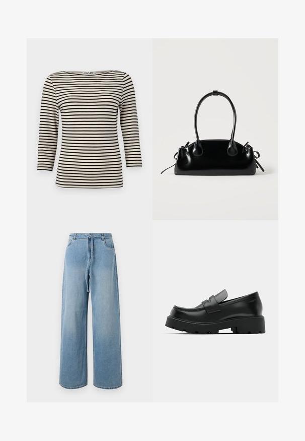 Top a rayas negro y crema, de manga larga y escote barco. La tela tiene una textura suave y un patrón uniforme. Diseño casual con un corte relajado.; Jeans de mezclilla azul claro de pierna ancha con tiro alto, que cuentan con bolsillos frontales, un cinturón con lazo y una textura desgastada.; Mocasines de cuero negro con suela gruesa y texturizada, que presentan una correa sobre el empeine y un acabado suave y pulido.; Pequeño bolso negro brillante con dos asas largas y detalles de cordón lateral sobre un fondo claro liso.