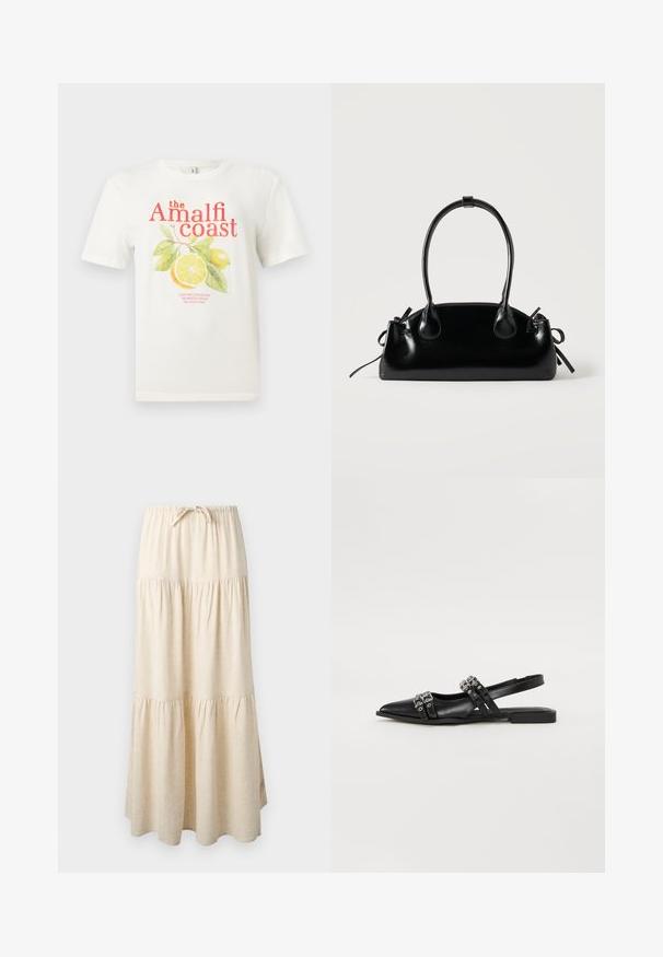 T-shirt blanc à manches courtes avec le texte "the Amalfi coast" et un graphisme de fruit de citron et de feuilles vertes sur le devant.; Jupe maxi beige à volants avec ceinture élastique et cordon de serrage, présentant un tissu fluide et froncé.; Even&Odd by Zalando Ballerines à brides arrière - black; Petit sac à main noir brillant avec deux longues anses et des détails à cordon sur les côtés sur un fond clair uni.