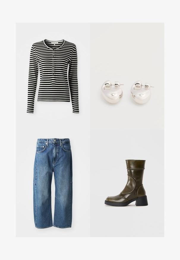 Sort/hvid stribet langærmet skjorte med rund halsudskæring, udstyret med en knaplukning og en slim-fit design. Blødt stoftekstur.; Blå denimjeans med en løs, bred ben-design, der har forlommer, en knap- og lynlåslukning og subtilt slid ved knæene.; Olivengrøn læder ankelstøvle med rund tå, elastisk panel og en chunky sort hæl. Glat overflade og subtilt syede detaljer.; Par af skinnende sølv store øreringe med lukning på bagsiden mod en ensfarvet hvid baggrund.
