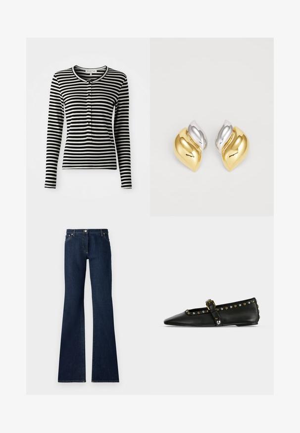 Zwart-wit gestreepte blouse met lange mouwen en een ronde hals, voorzien van een knoopsluiting en een slim-fit ontwerp. Zachte stoftextuur.; Donkerblauwe uitlopende jeans gemaakt van denim, met een vijf-vakken ontwerp, riemlussen en contrasterende gele stiksels langs de naden.; Zwarte platte schoen met spitse neus, een bandje, gouden en zilveren studs langs de rand en een decoratieve metalen gesp op een lichte achtergrond.; Gouden en zilveren metalen oorbellen met een ronde, gebogen vorm, voorzien van een golvend ontwerp en een gepolijste textuur.