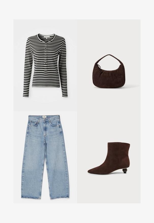 Camisa de manga larga a rayas blancas y negras con cuello redondo, que presenta una fila de botones y un diseño ajustado. Textura de tela suave.; Agolde Vaqueros baggy - light-blue denim; Botín de ante marrón oscuro con puntera puntiaguda y tacón bajo redondo decorativo sobre fondo liso y claro.; Bolso de ante marrón oscuro con una correa corta y forma rectangular redondeada sobre un fondo liso y claro.