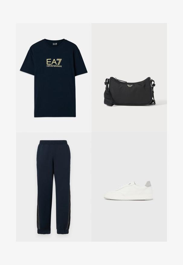 Tumedast sinine puuvillane T-särk, millel on kuldne logo trükk "EA7 EMPORIO ARMANI" rinnal, lühikesed varrukad ja ümar kaelus.; Tumedadella püksid pehme tekstuuriga, kitsenevad varrukaotsad ja võrgupaneelid külgedel. Elastne vöökoht mugavuse ja lõdva sobivuse tagamiseks.; Valge madala lõikega tennisking halli kandklambri, valgete paelte ja tekstuuriga tallaga, esitletud ühtlasel heledal taustal.; Must ristkülikukujuline crossbody-kott hõbedase brändi logo embleemiga ning reguleeritava rihmaga heledal taustal.