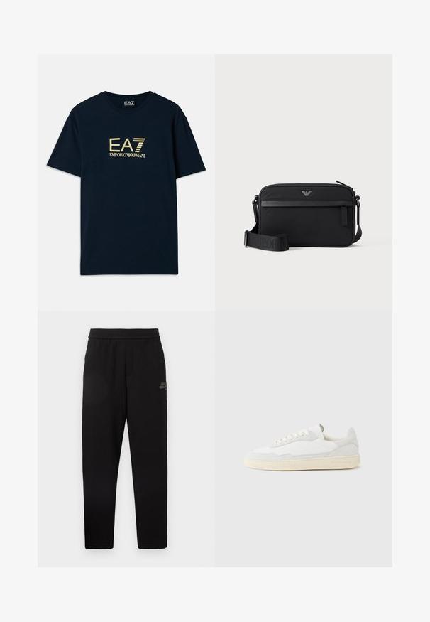 Camiseta de algodón azul marino con un estampado dorado del logo "EA7 EMPORIO ARMANI" en el pecho, mangas cortas y un escote redondo.; Pantalones de chándal negros ajustados con cinturilla elástica y pequeño logotipo impreso en el muslo izquierdo superior.; Zapatilla blanca con parte superior texturizada de ante y cuero. Presenta una puntera redondeada, cierre con cordones y suela de goma beige contrastante.; Bolso bandolera rectangular negro con bolsillo frontal con cremallera, correa ajustable y pequeño logo metálico en el centro superior.
