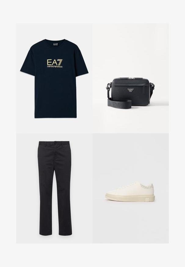 Tumedast sinine puuvillane T-särk, millel on kuldne logo trükk "EA7 EMPORIO ARMANI" rinnal, lühikesed varrukad ja ümar kaelus.; Mustadest puuvillast püksid sirge jala disainiga, millel on nööbiklõps ja vöökohaga silmad. Sile tekstuur, ilma nähtavate mustrite või aktsentideta.; Valged tennisjalanõud sujuva kangast ülaservaga, lamedate paeltega, pehmendatud krae ja tekstuuriga hall aktsent taga. Paks kummist tald.; Must musta õlakott, mis on valmistatud tekstuuritud materjalist. Omab tõmbluku sulgemist, esimest tõmblukuga taskut ja metallist logo aktsenti. Kaasas on reguleeritav rihm.