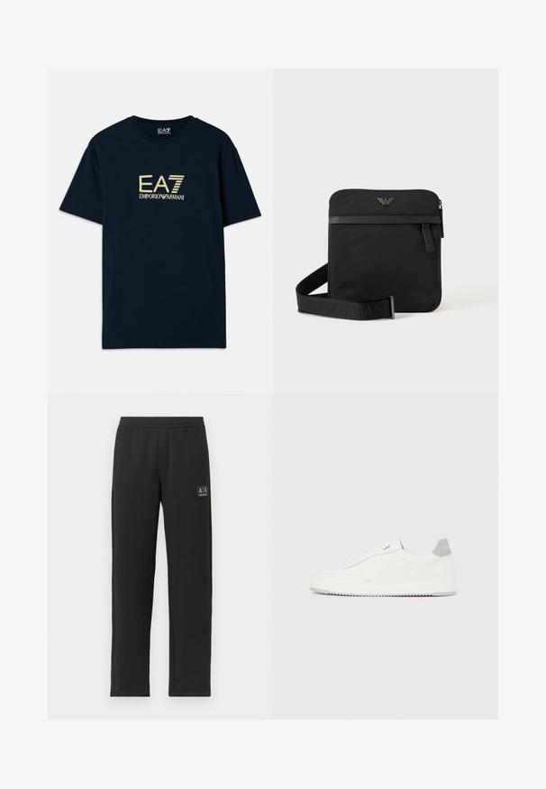 Camiseta de algodón azul marino con un estampado dorado del logo "EA7 EMPORIO ARMANI" en el pecho, mangas cortas y un escote redondo.; Pantalones de chándal negros de pierna recta con cintura elástica y logotipo negro en el muslo izquierdo superior.; Zapatilla blanca de corte bajo con pestaña en el talón gris, cordones blancos y suela texturizada, presentada sobre un fondo claro y liso.; Bolso de hombro negro cuadrado con cierre de cremallera, bolsillo delantero y correa ajustable con nombre de marca en relieve.