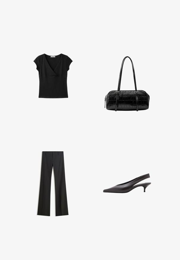 Haut noir à manches courtes style cache-cœur avec encolure en V et taille cintrée, affiché sur fond blanc.; Pantalon noir évasé avec une texture lisse, doté d'une coupe ajustée et d'une taille cintrée. Aucun motif ou ornement visible.; Chaussure à talon kitten en cuir noir avec bride arrière, bout pointu et talon bas courbé sur fond blanc.; Sac à main rectangulaire noir à texture crocodile, deux longues brides avec boucles et une fermeture éclair latérale.