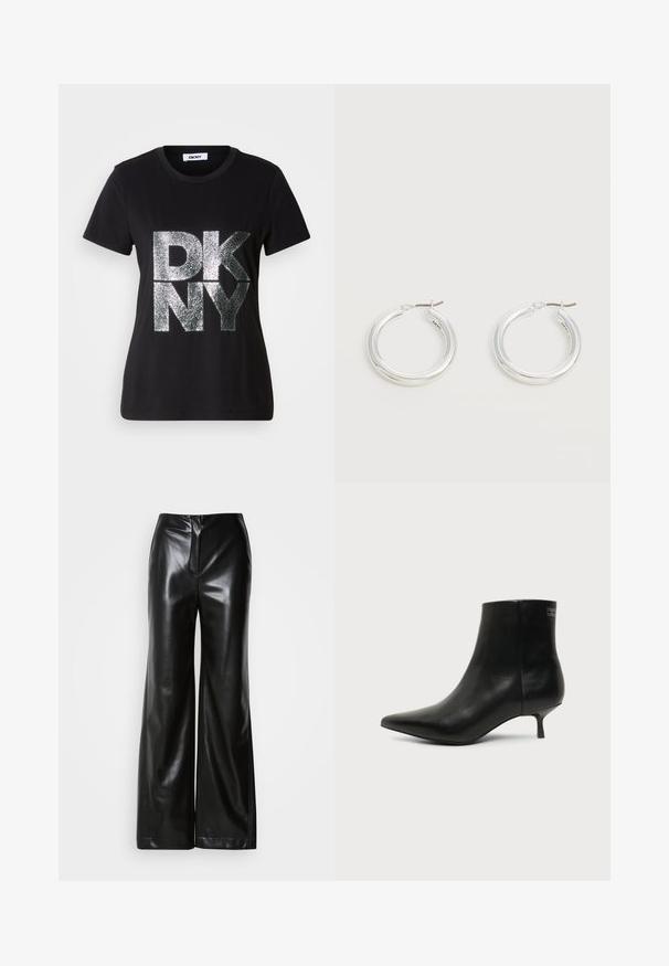 T-shirt noir à manches courtes avec de grandes lettres "DKNY" argentées pailletées sur le devant et un col rond.; Pantalons larges en cuir noir avec une texture lisse, taille haute et fermeture éclair frontale dissimulée. Coupe ajustée avec une finition soignée.; Bottine en cuir noir avec bout pointu et petit talon kitten sur fond clair, vue côté extérieur.; Paire de boucles d'oreilles créoles moyennes argentées brillantes avec de fines attaches métalliques sur un fond clair et neutre.