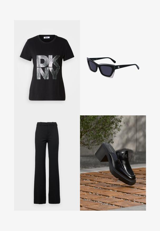 T-shirt noir à manches courtes avec de grandes lettres "DKNY" argentées pailletées sur le devant et un col rond.; Pantalons évasés noirs sur mesure avec une texture lisse, dotés d'une ceinture avec passants de ceinture et d'une fermeture éclair à l'avant.; Mule slip-on en cuir noir Calvin Klein avec talon bloc reposant sur des carreaux en bois à l'extérieur près d'une plante verte et d'un mur gris.; Lunettes de soleil noires surdimensionnées avec une forme géométrique, dotées de verres foncés et d'un détail gris contrastant sur la monture. Logo sur la branche.