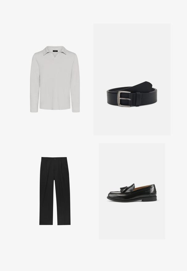 Matinique MAV - Poloshirts - lunar rock; Sorte bukser med lige ben, lavet af et glat stof. Har frontfolder og en enkelt knaplukning i taljen.; Sorte læder loafers med en kvastdetalje, en rund dramatisk tå og en glat overflade. Sålens flade design har et minimalt mønster.; Sorte læderbælte med en spænde i sølvmetal, der har en glat overflade og et klassisk design. Bæltet er rullet op med enden pegende.