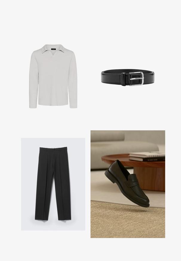 Matinique MAV - Polo - lunar rock; Pantalones negros a medida con pinzas delanteras, bolsillos laterales, trabillas para cinturón y cierre de botón en la cintura sobre un fondo claro.; Zapato mocasín de cuero negro mostrado en el aire sobre una alfombra beige tejida, con una mesa de madera y libros apilados en una sala de estar con luz suave.; Cinturón de cuero negro con costuras visibles y una hebilla plateada brillante, colocado plano en posición enrollada sobre un fondo blanco.